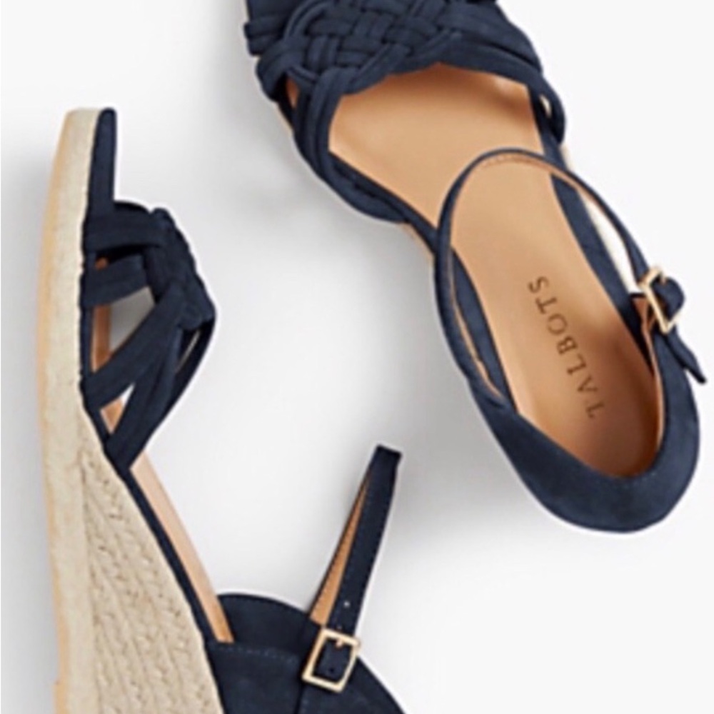 Talbots Navy Braided Espadrille Wedge Sandals with Ankle Buckle